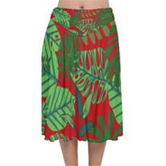 Leaves Pattern Red Green Nature Velvet Flared Midi Skirt