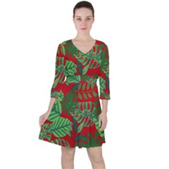 Leaves Pattern Red Green Nature Quarter Sleeve Ruffle Waist Dress by Wegoenart