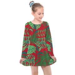 Leaves Pattern Red Green Nature Kids  Long Sleeve Dress by Wegoenart