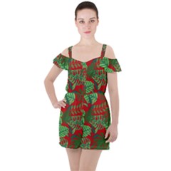 Leaves Pattern Red Green Nature Ruffle Cut Out Chiffon Playsuit by Wegoenart