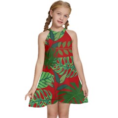 Leaves Pattern Red Green Nature Kids  Halter Collar Waist Tie Chiffon Dress