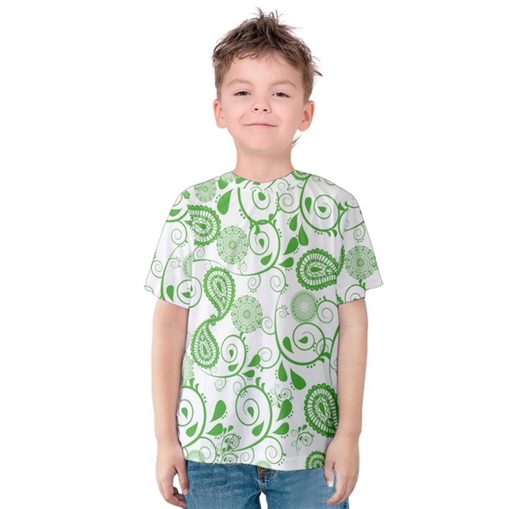 Paisley Floral Green Background Kids  Cotton Tee