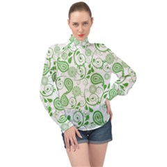 Paisley Floral Green Background High Neck Long Sleeve Chiffon Top by Wegoenart