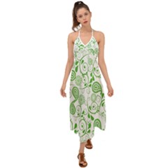 Paisley Floral Green Background Halter Tie Back Dress  by Wegoenart