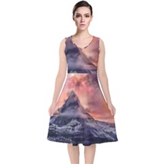 Mountain Cosmos Universe Nature V-neck Midi Sleeveless Dress  by Wegoenart