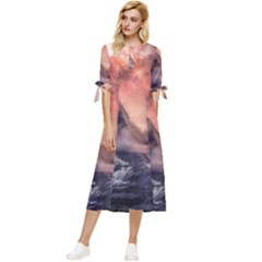 Mountain Cosmos Universe Nature Bow Sleeve Chiffon Midi Dress by Wegoenart