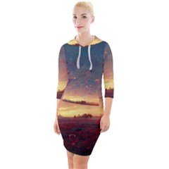 Fantasy World Red Bubbles Landscape Quarter Sleeve Hood Bodycon Dress by Wegoenart