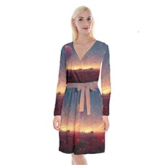 Fantasy World Red Bubbles Landscape Long Sleeve Velvet Front Wrap Dress by Wegoenart