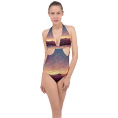 Fantasy World Red Bubbles Landscape Halter Front Plunge Swimsuit by Wegoenart