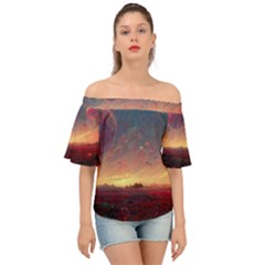 Fantasy World Red Bubbles Landscape Off Shoulder Short Sleeve Top by Wegoenart