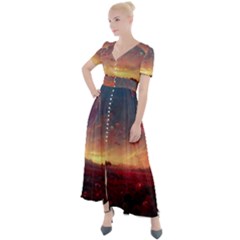 Fantasy World Red Bubbles Landscape Button Up Short Sleeve Maxi Dress by Wegoenart