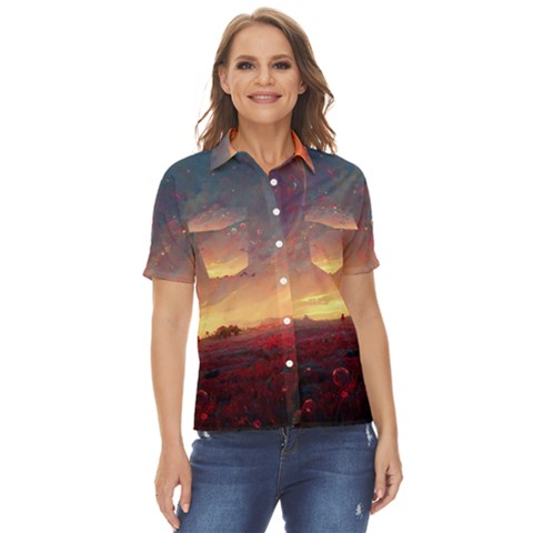 Fantasy World Red Bubbles Landscape Women s Short Sleeve Double Pocket Shirt by Wegoenart