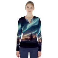 Northern Light North Sky Night V-neck Long Sleeve Top by Ravend