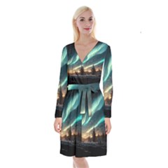 Northern Light North Sky Night Long Sleeve Velvet Front Wrap Dress by Ravend