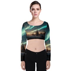 Northern Light North Sky Night Velvet Long Sleeve Crop Top by Ravend