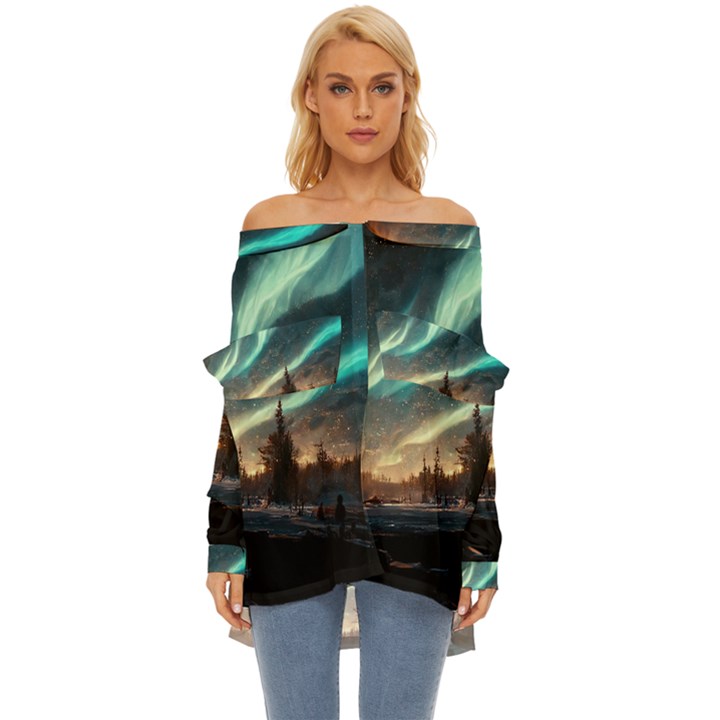 Northern Light North Sky Night Off Shoulder Chiffon Pocket Shirt