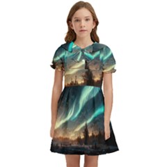 Northern Light North Sky Night Kids  Bow Tie Puff Sleeve Dress by Ravend