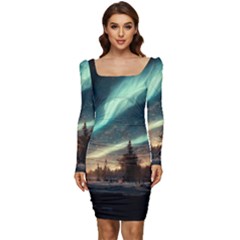 Northern Light North Sky Night Women Long Sleeve Ruched Stretch Jersey Dress by Ravend