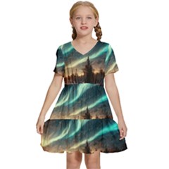 Northern Light North Sky Night Kids  Short Sleeve Tiered Mini Dress by Ravend