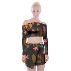 Flower Leaves Background Floral Off Shoulder Top With Mini Skirt Set by Ravend