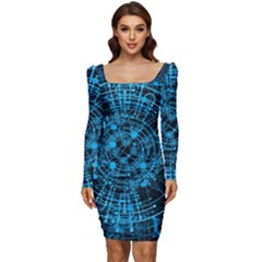 Network Circuit Board Trace Women Long Sleeve Ruched Stretch Jersey Dress by Ravend