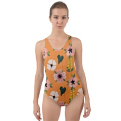 Flower White Pattern Floral Cut-out Back One Piece Swimsuit by Ravend