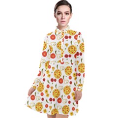 Illustration Pizza Background Vegetable Long Sleeve Chiffon Shirt Dress by Ravend