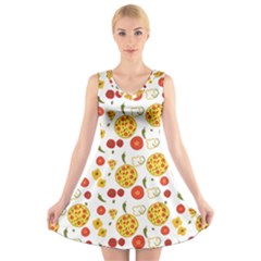 Illustration Pizza Background Vegetable V-neck Sleeveless Dress by Ravend