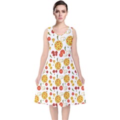 Illustration Pizza Background Vegetable V-neck Midi Sleeveless Dress  by Ravend