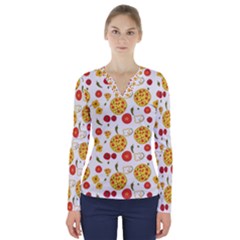 Illustration Pizza Background Vegetable V-neck Long Sleeve Top by Ravend