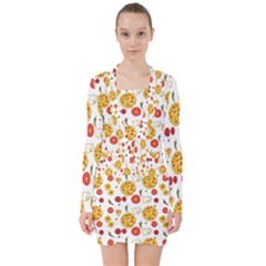 Illustration Pizza Background Vegetable V-neck Bodycon Long Sleeve Dress by Ravend