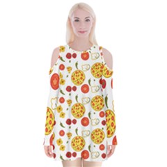 Illustration Pizza Background Vegetable Velvet Long Sleeve Shoulder Cutout Dress by Ravend