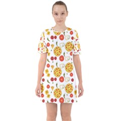 Illustration Pizza Background Vegetable Sixties Short Sleeve Mini Dress by Ravend