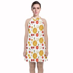 Illustration Pizza Background Vegetable Velvet Halter Neckline Dress  by Ravend