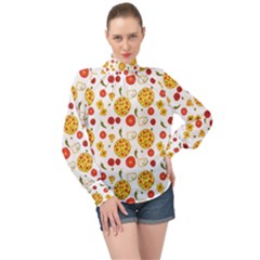 Illustration Pizza Background Vegetable High Neck Long Sleeve Chiffon Top by Ravend