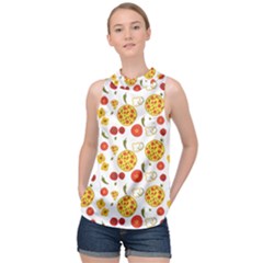 Illustration Pizza Background Vegetable High Neck Satin Top by Ravend