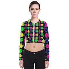 Black Blue Colorful Hearts Long Sleeve Zip Up Bomber Jacket by ConteMonfrey