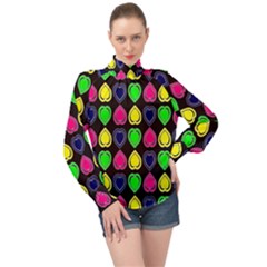 Black Blue Colorful Hearts High Neck Long Sleeve Chiffon Top by ConteMonfrey