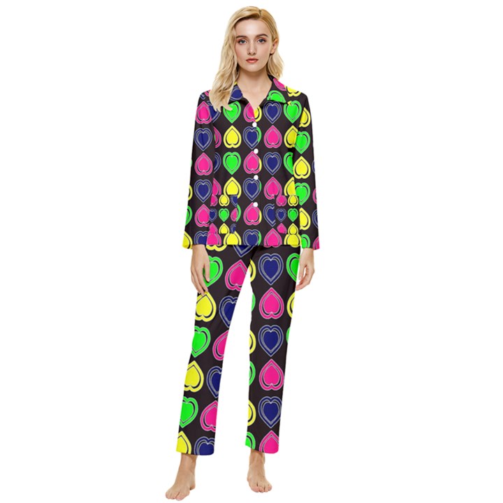 Black Blue Colorful Hearts Womens  Long Sleeve Velvet Pocket Pajamas Set