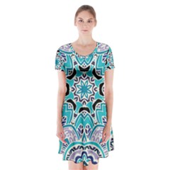 Blue Shades Mandala   Short Sleeve V-neck Flare Dress by ConteMonfrey