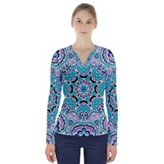 Blue Shades Mandala   V-neck Long Sleeve Top by ConteMonfrey