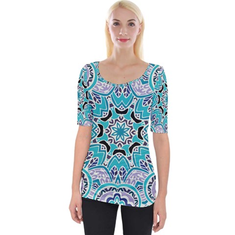 Blue Shades Mandala   Wide Neckline Tee by ConteMonfrey