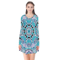 Blue Shades Mandala   Long Sleeve V-neck Flare Dress by ConteMonfrey