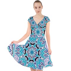 Blue Shades Mandala   Cap Sleeve Front Wrap Midi Dress by ConteMonfrey