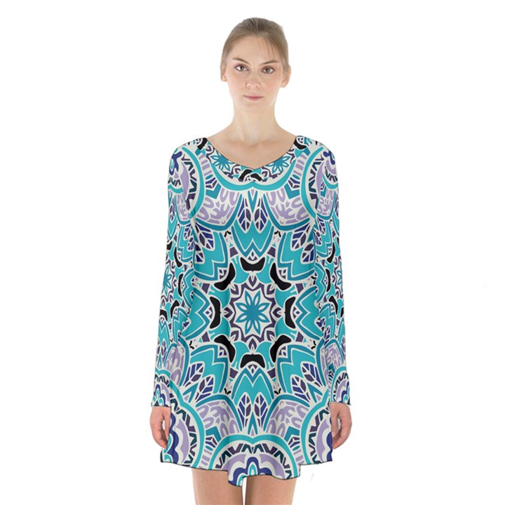 Blue Shades Mandala   Long Sleeve Velvet V-neck Dress