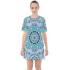 Blue Shades Mandala   Sixties Short Sleeve Mini Dress by ConteMonfrey