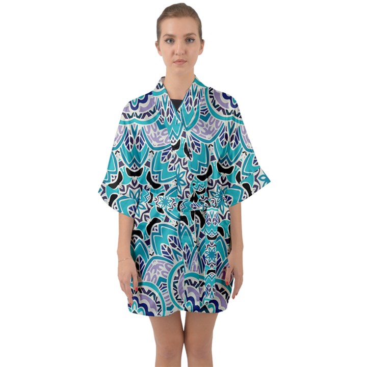 Blue Shades Mandala   Half Sleeve Satin Kimono 