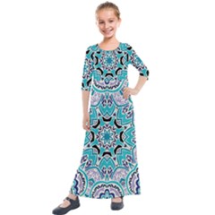 Blue Shades Mandala   Kids  Quarter Sleeve Maxi Dress by ConteMonfrey