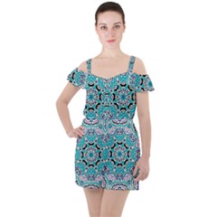 Blue Shades Mandala   Ruffle Cut Out Chiffon Playsuit by ConteMonfrey