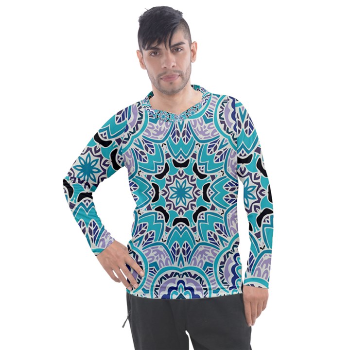 Blue Shades Mandala   Men s Pique Long Sleeve Tee